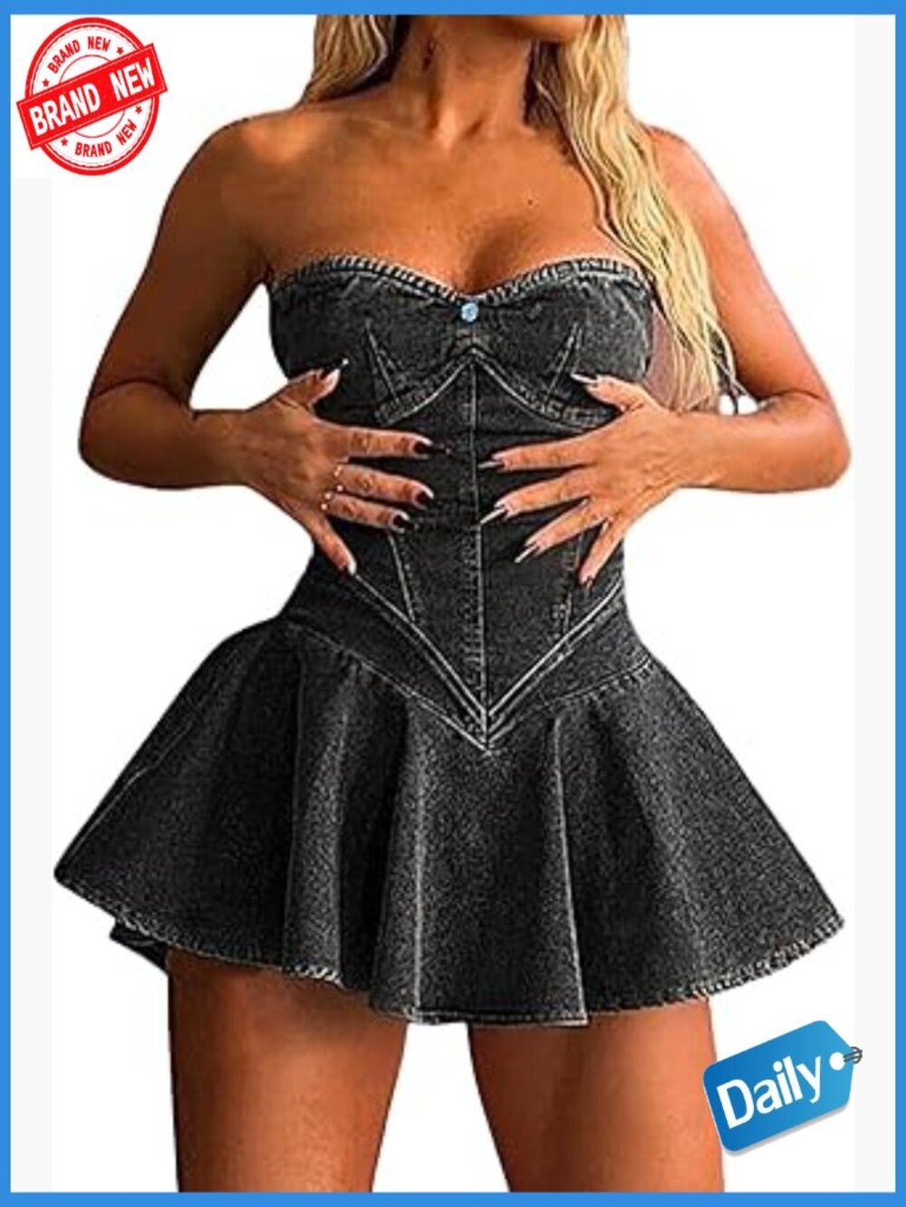 Y2K Strapless Denim Mini Dress Corset Tube Pleated Ruffle Party Jean Dress